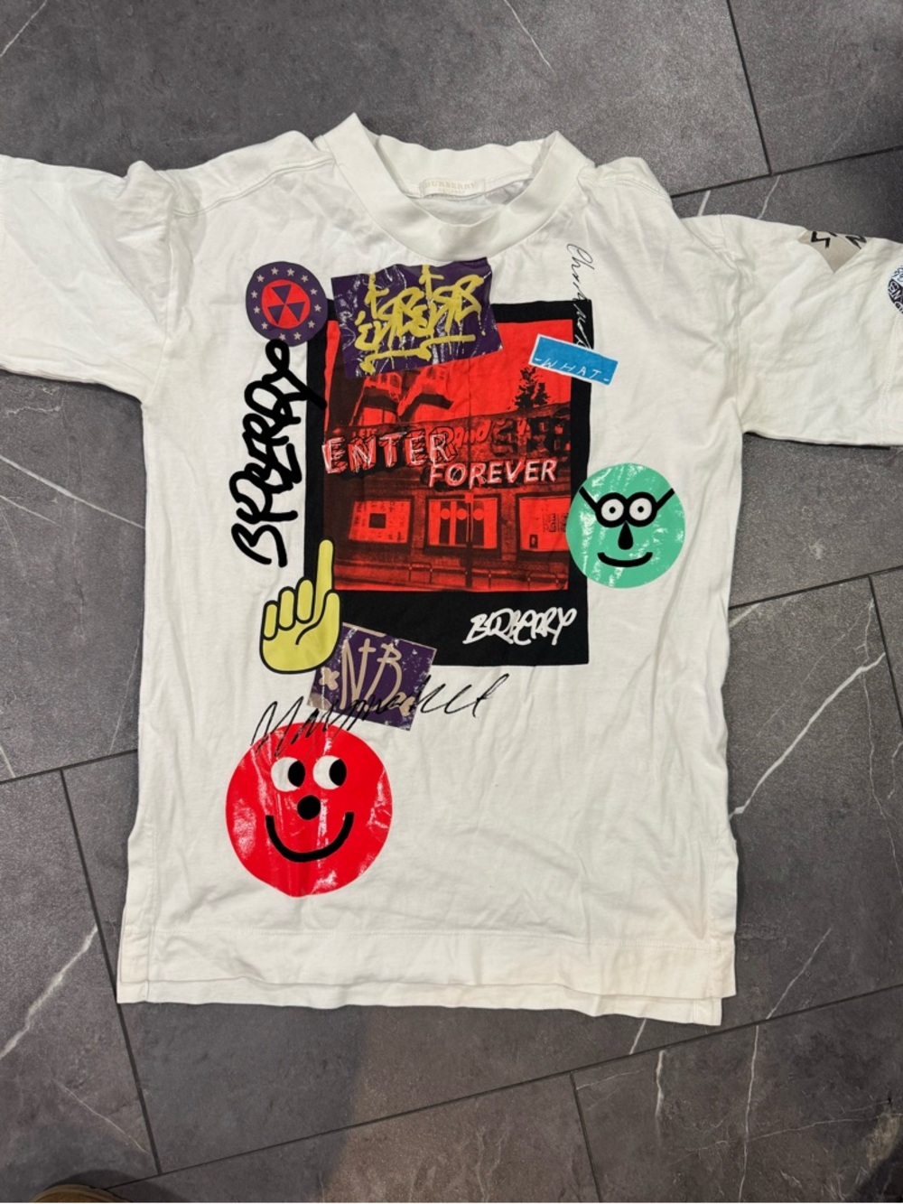 Burberry White Kids Tee with Red, Green and Yellow Sticker Graphics